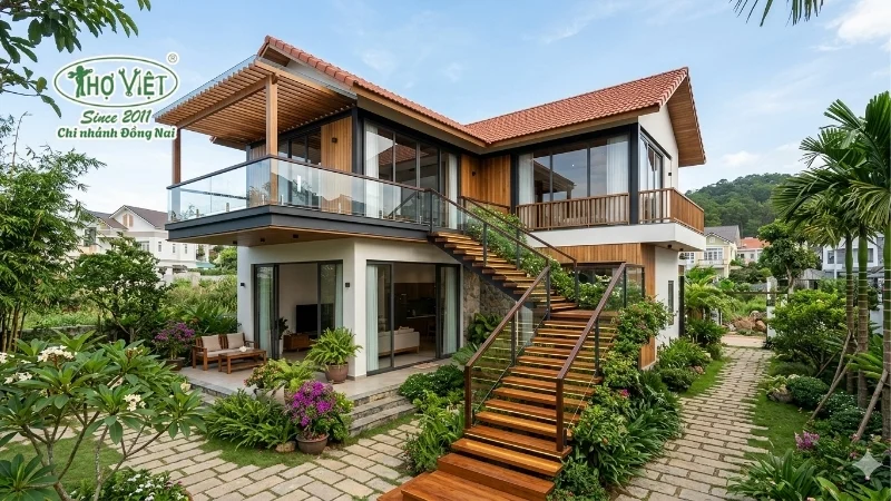 mẫu nhà 2 tầng cầu thang ngoài trời ấn tượng