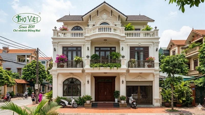 50+ mẫu nhà phố tân cổ điển 3 tầng thịnh hành hiện nay 4 Nhà phố tân cổ điển 3 tầng mái thái