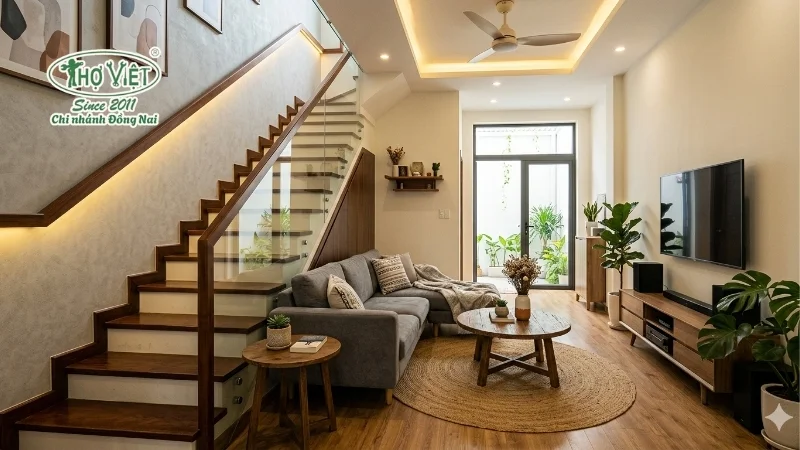 50+ mẫu phòng khách đẹp nhà ống siêu đẹp 4 Phòng khách nhà ống kết hợp cầu thang