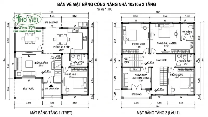 55+ mẫu nhà 10x10 2 tầng đẹp xem là mê 7 Bản vẽ mặt bằng công năng nhà 10x10 2 tầng