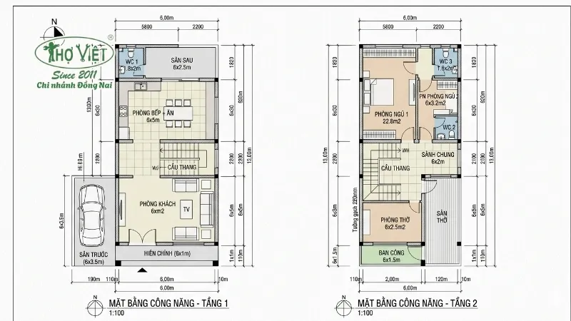 55+ mẫu nhà 2 tầng 6x13m đẹp bền vững 5 Bản vẽ mặt bằng công năng nhà 2 tầng 6x13m