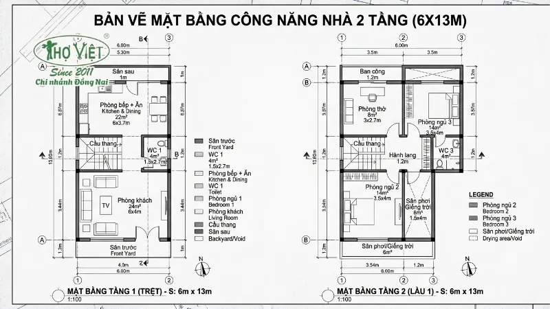 55+ mẫu nhà 2 tầng 6x13m đẹp bền vững 4 Bản vẽ mặt bằng công năng nhà 2 tầng 6x13m