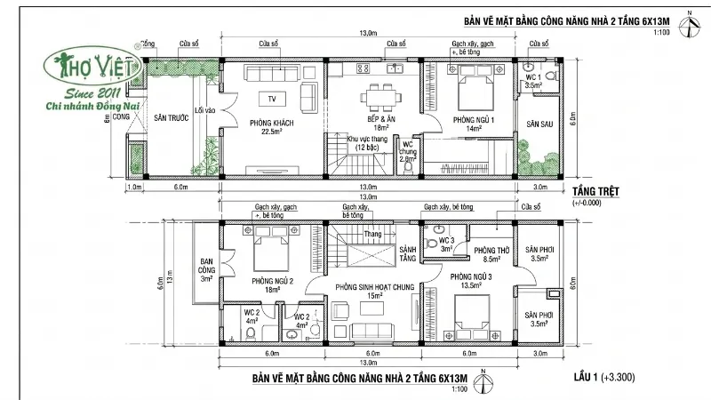 55+ mẫu nhà 2 tầng 6x13m đẹp bền vững 7 Bản vẽ mặt bằng công năng nhà 2 tầng 6x13m