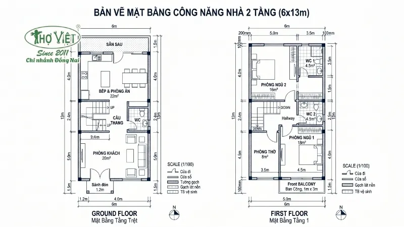 55+ mẫu nhà 2 tầng 6x13m đẹp bền vững 8 Bản vẽ mặt bằng công năng nhà 2 tầng 6x13m