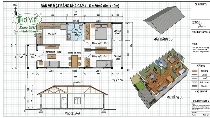 55+ mẫu nhà cấp 4 50m2 đẹp cuốn hút 5 Bản vẽ và cách bố trí mặt bằng nhà cấp 4 50m2