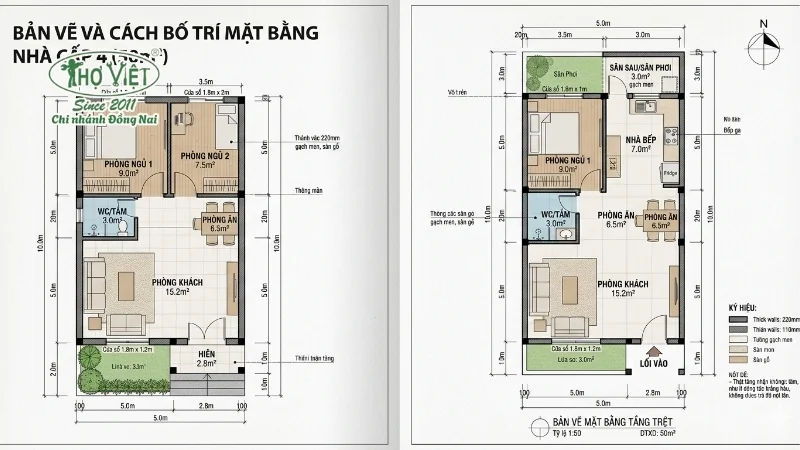 55+ mẫu nhà cấp 4 50m2 đẹp cuốn hút 6 Bản vẽ và cách bố trí mặt bằng nhà cấp 4 50m2