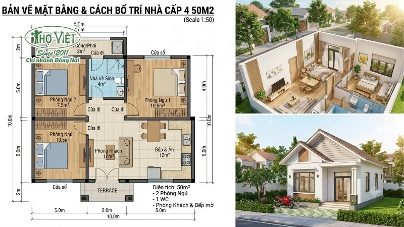 55+ mẫu nhà cấp 4 50m2 đẹp cuốn hút 7 Bản vẽ và cách bố trí mặt bằng nhà cấp 4 50m2