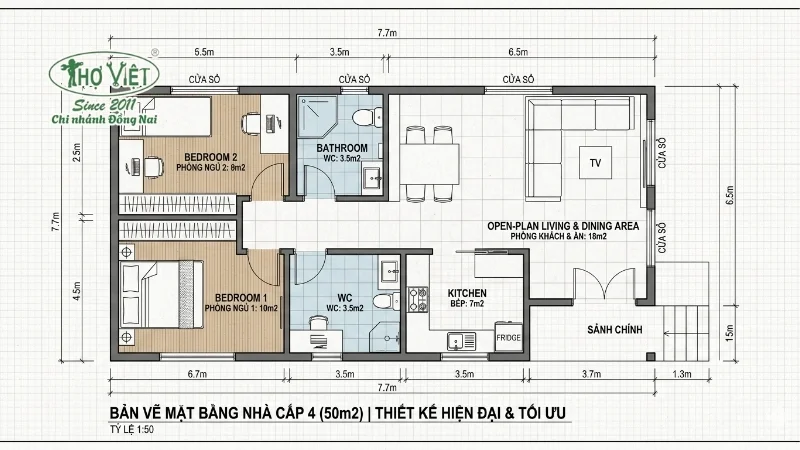 55+ mẫu nhà cấp 4 50m2 đẹp cuốn hút 8 Bản vẽ và cách bố trí mặt bằng nhà cấp 4 50m2