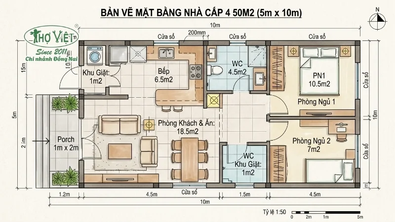 55+ mẫu nhà cấp 4 50m2 đẹp cuốn hút 4 Bản vẽ và cách bố trí mặt bằng nhà cấp 4 50m2