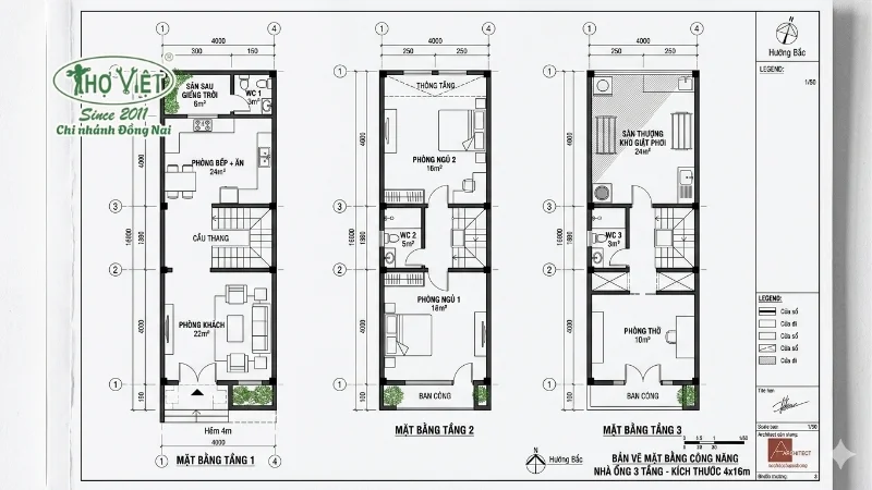 Bản vẽ mặt bằng công năng nhà ống 3 tầng 4x16
