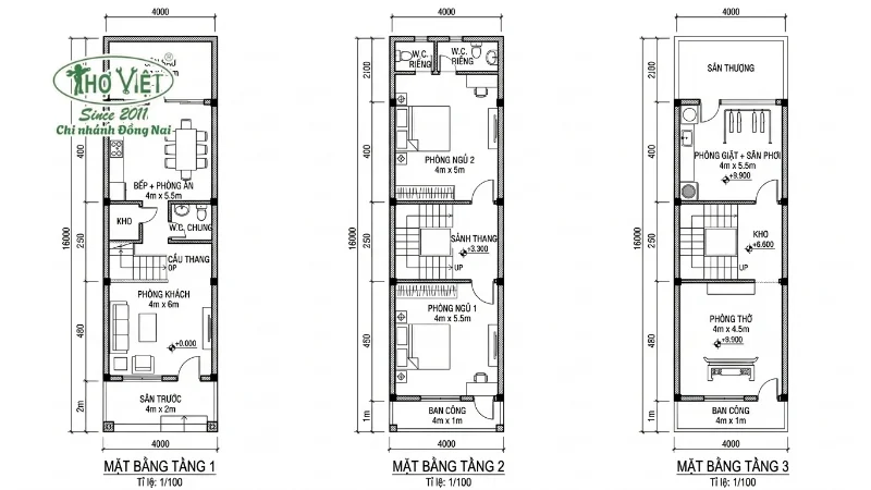 Bản vẽ mặt bằng công năng nhà ống 3 tầng 4x16