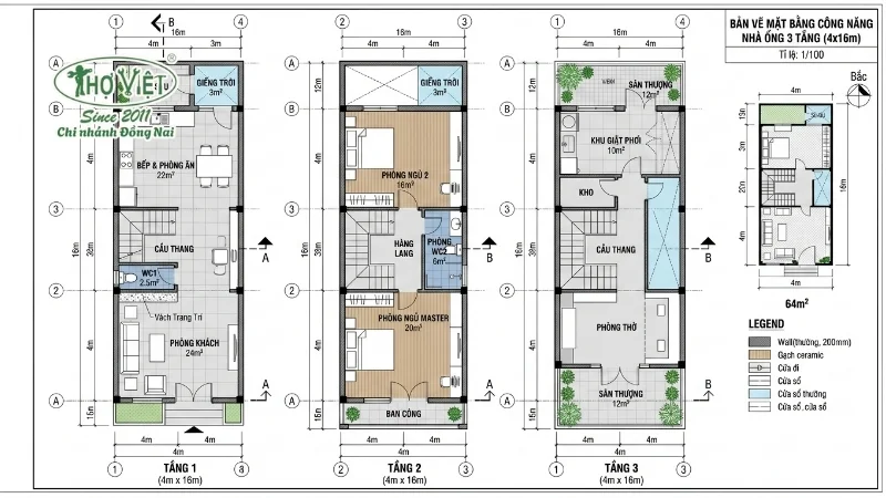 Bản vẽ mặt bằng công năng nhà ống 3 tầng 4x16