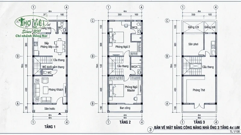 Bản vẽ mặt bằng công năng nhà ống 3 tầng 4x16