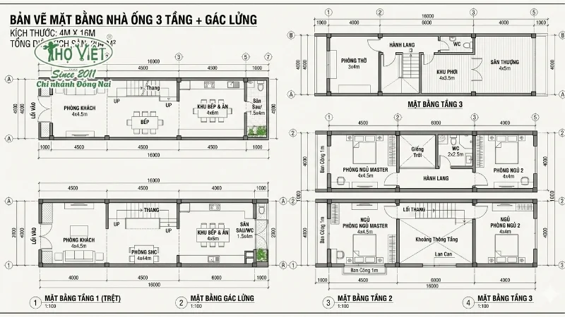 Bản vẽ mặt bằng nhà ống 3 tầng có gác lửng chi tiết