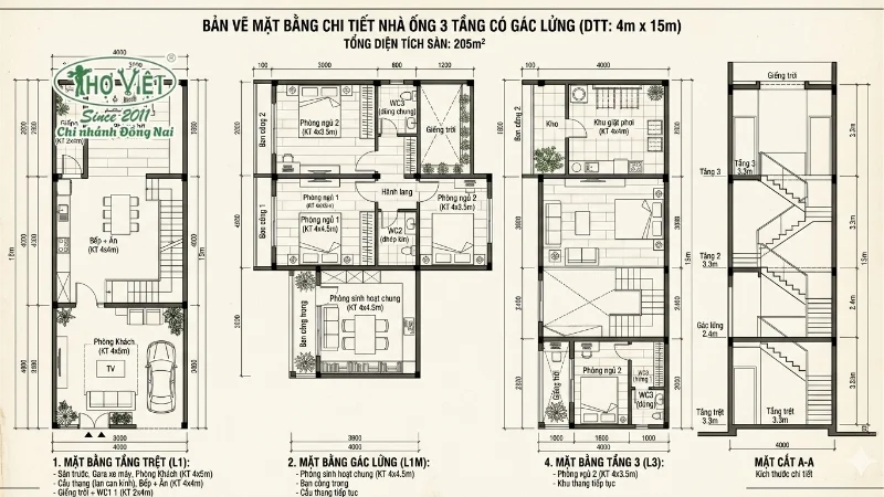 Bản vẽ mặt bằng nhà ống 3 tầng có gác lửng chi tiết