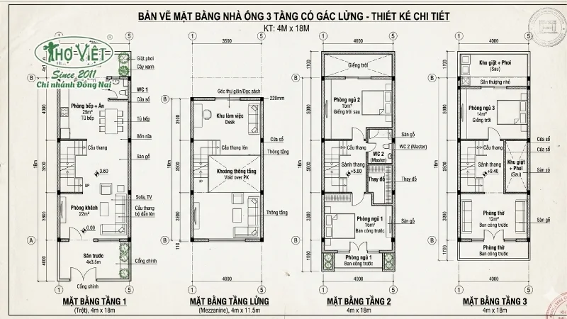 Bản vẽ mặt bằng nhà ống 3 tầng có gác lửng chi tiết