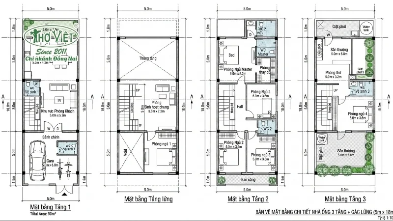 Bản vẽ mặt bằng nhà ống 3 tầng có gác lửng chi tiết