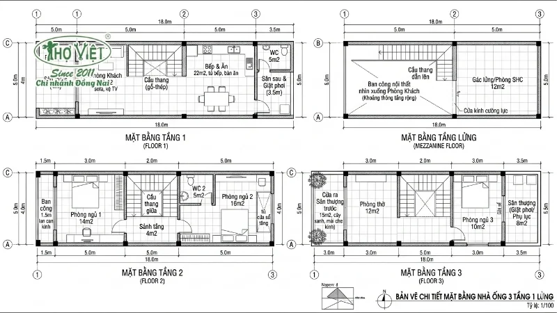 Bản vẽ mặt bằng nhà ống 3 tầng có gác lửng chi tiết