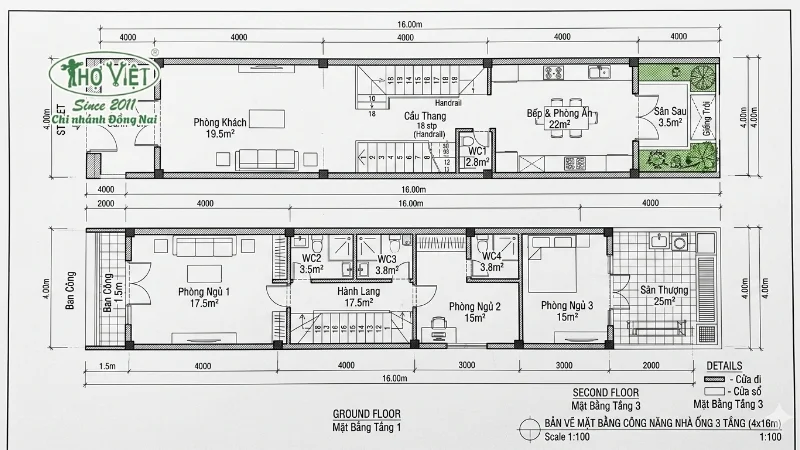 Bản vẽ mặt bằng công năng nhà ống 3 tầng 4x16