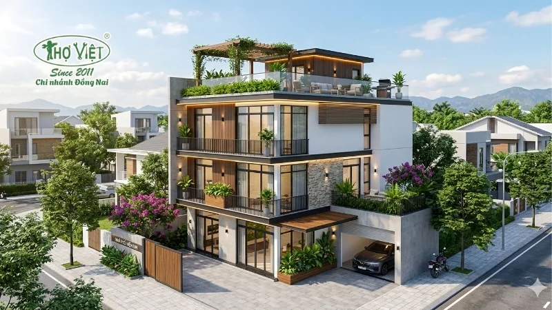 mẫu nhà 1 trệt 2 lầu 1 sân thượng đáng xây