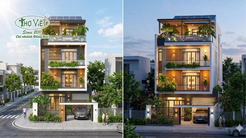 mẫu nhà 1 trệt 2 lầu 1 sân thượng đáng xây