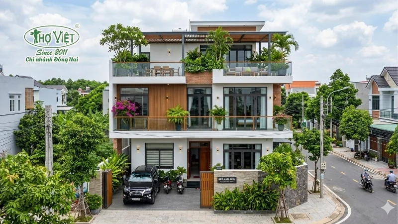 mẫu nhà 1 trệt 2 lầu 1 sân thượng đáng xây