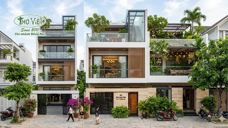 mẫu nhà 1 trệt 2 lầu 1 sân thượng đáng xây