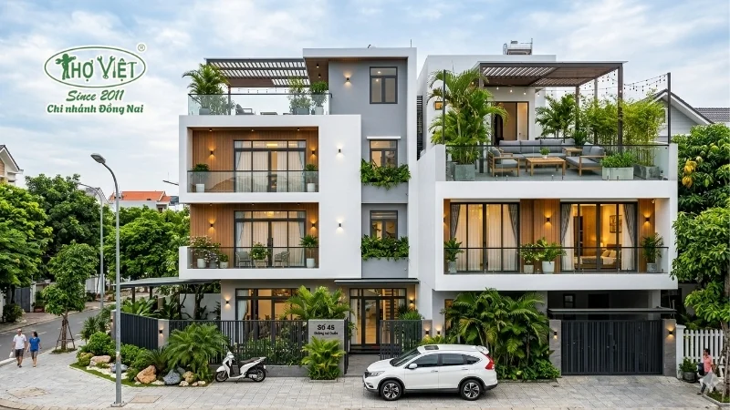 mẫu nhà 1 trệt 2 lầu 1 sân thượng đáng xây