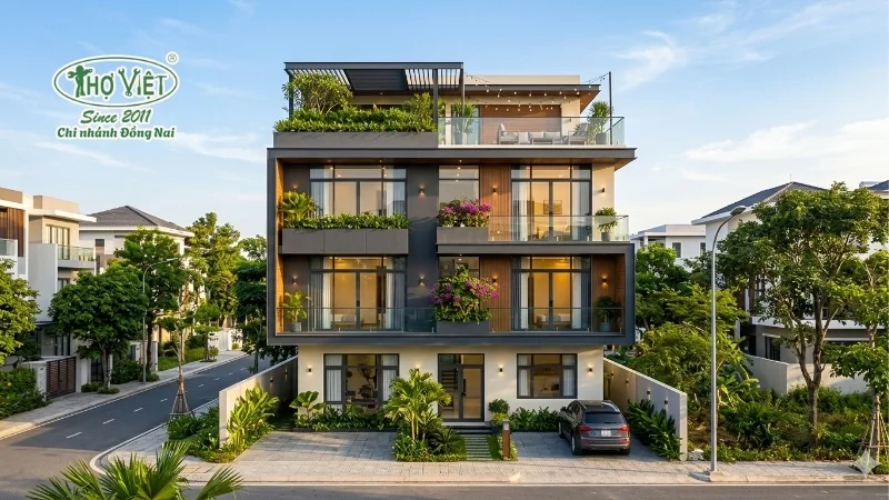 mẫu nhà 1 trệt 2 lầu 1 sân thượng đáng xây