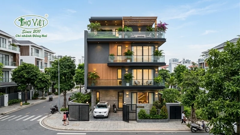 mẫu nhà 1 trệt 2 lầu 1 sân thượng đáng xây