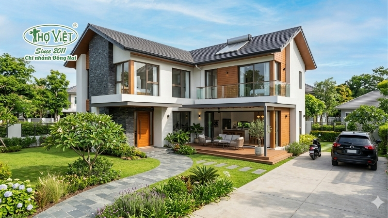 mẫu nhà 2 tầng chữ L 120m2 đáng xây