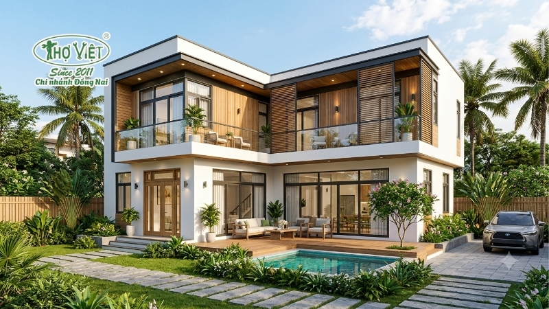 mẫu nhà 2 tầng chữ L 120m2 đáng xây