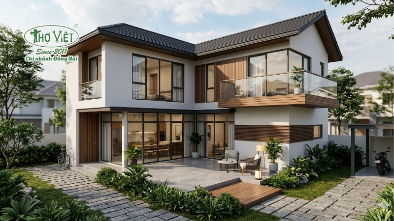 mẫu nhà 2 tầng chữ L 120m2 đáng xây