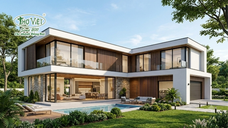 mẫu nhà 2 tầng chữ L 120m2 đáng xây