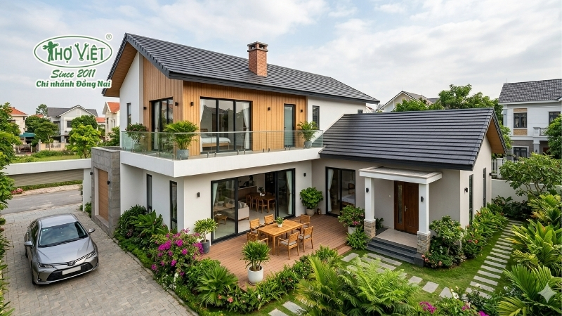 mẫu nhà 2 tầng chữ L 120m2 đáng xây