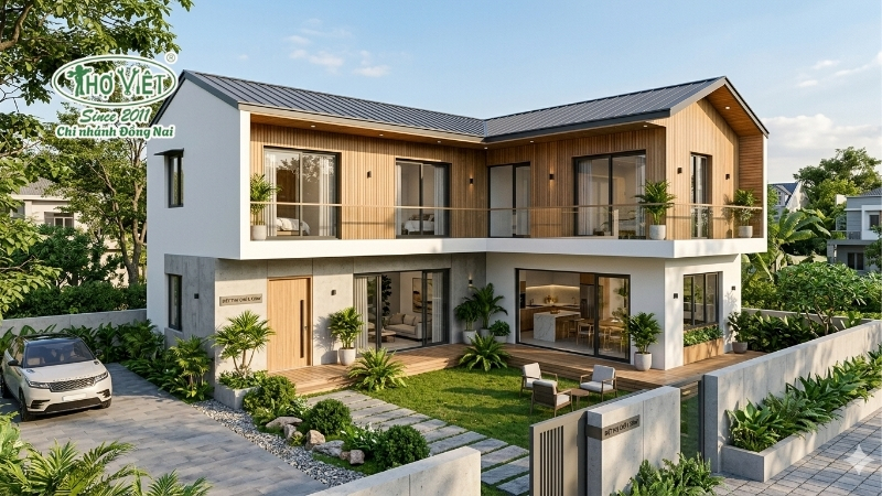 mẫu nhà 2 tầng chữ L 120m2 đáng xây