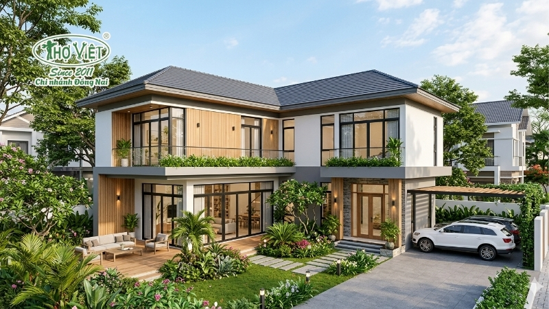 mẫu nhà 2 tầng chữ L 120m2 đáng xây