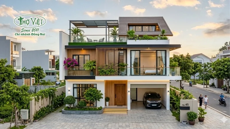 mẫu nhà phố 2 tầng 1 tum đẹp theo phong cách