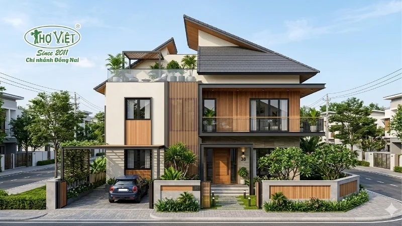 mẫu nhà phố 2 tầng 1 tum đẹp theo phong cách