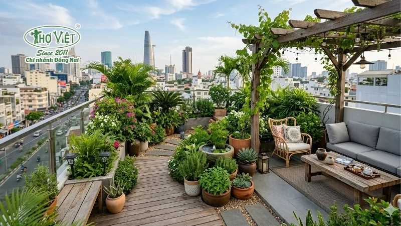 mẫu sân vườn trên sân thượng xanh mát