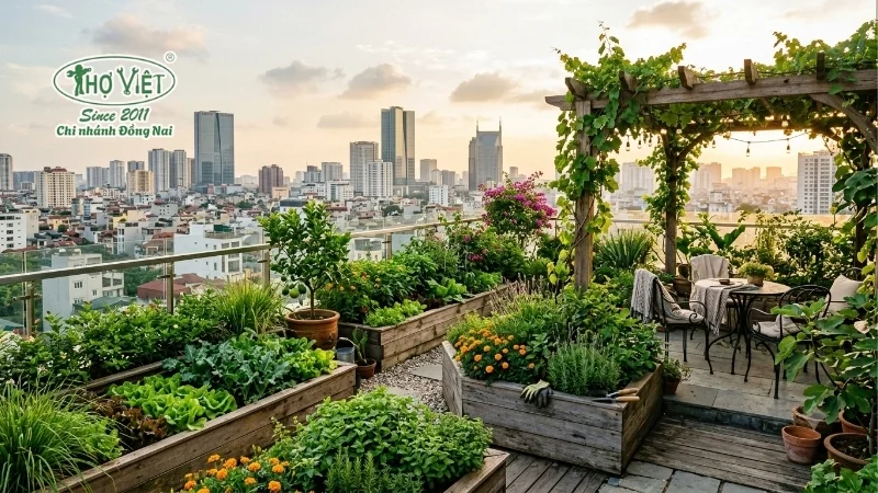 mẫu sân vườn trên sân thượng xanh mát
