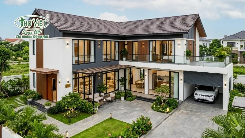 nhà 2 tầng chữ L 120m2 hiện đại