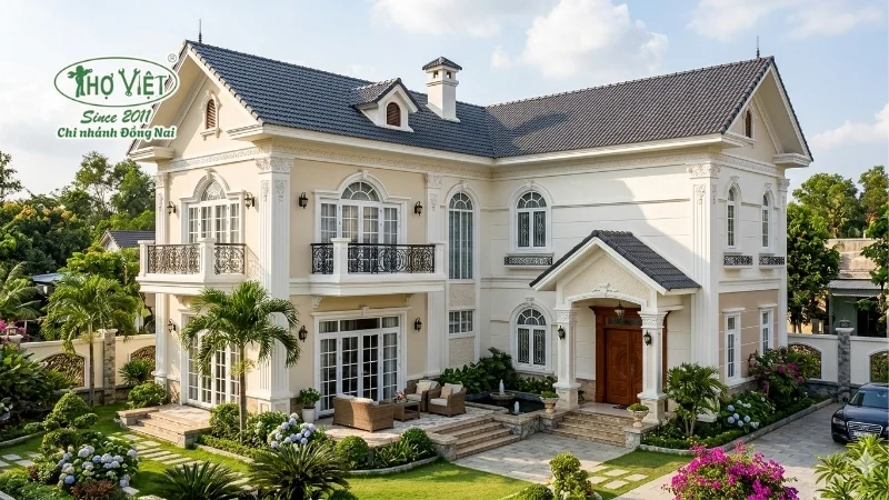 nhà 2 tầng chữ L 120m2 tân cổ điển