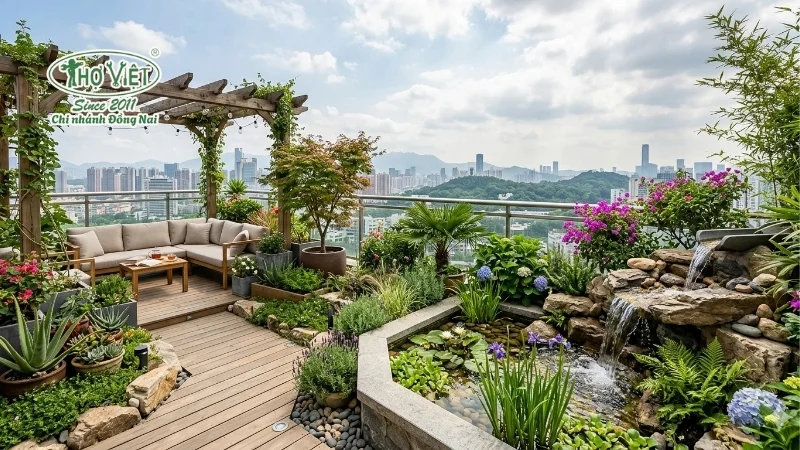 Sân vườn sân thượng kết hợp tiểu cảnh nước